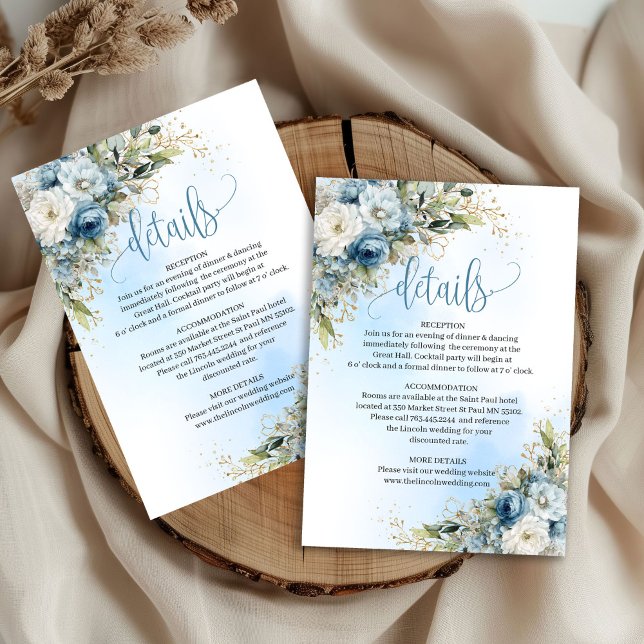 Boho Dusty Blue Floral Gold Wedding Details Card RSVP Karte (Boho Dusty Blue Floral Gold Wedding Details Card

)