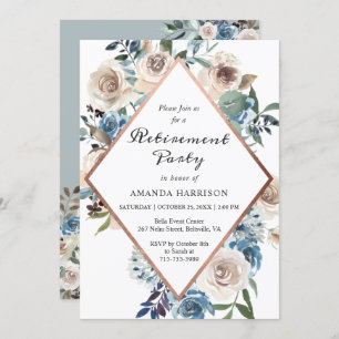 Boho Dusty Blue Floral Rose Gold Retirement Party Einladung