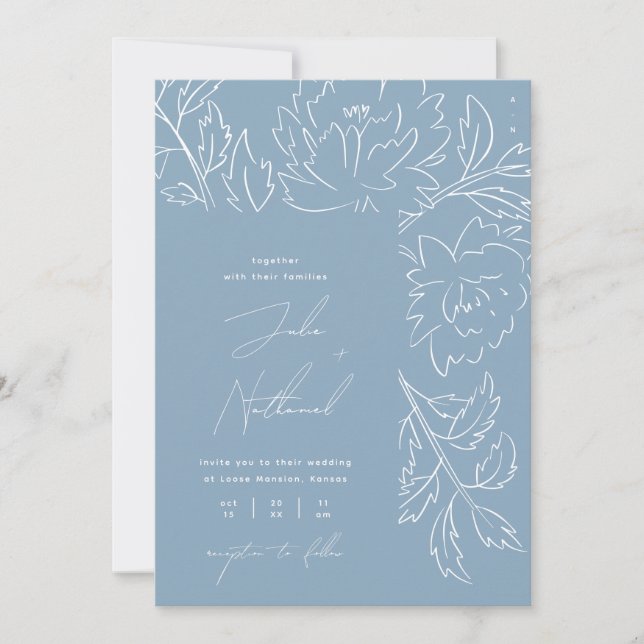 Boho Dusty Blue Floral Wedding Einladung (Vorderseite)