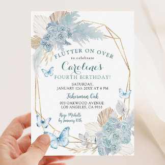 Boho Dusty Blue Flutter über Butterfly Geburtstag Einladung