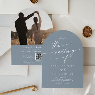 Boho Dusty Blue Foto QR Code Arch Wedding Einladung