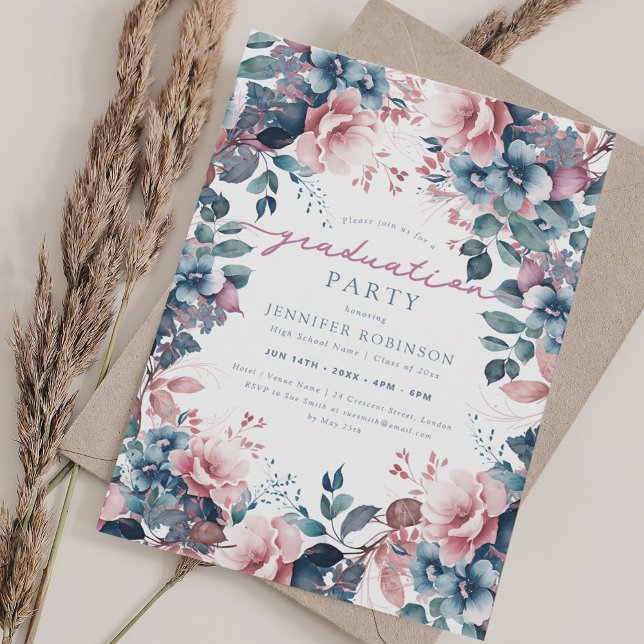 Boho Dusty Blue Garden Abschluss Einladung (Boho Dusty Blue Garden Floral Graduation Invitation)