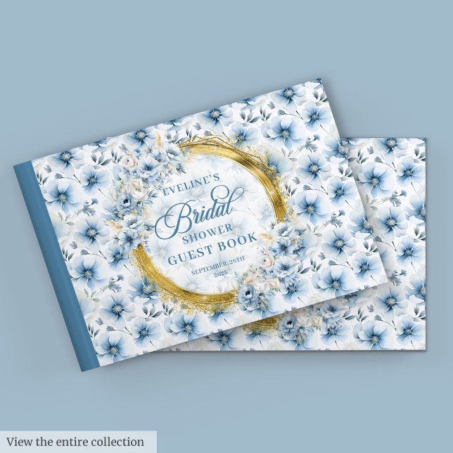Boho Dusty Blue Gold Glitzer Blume Brautparty Gästebuch (Boho Dusty Blue Gold Glitter Flowers Bridal Shower Guest Book)
