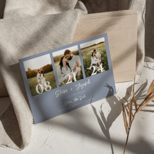 Boho Dusty Blue Modern Drei Fotos Chic Wedding Save The Date