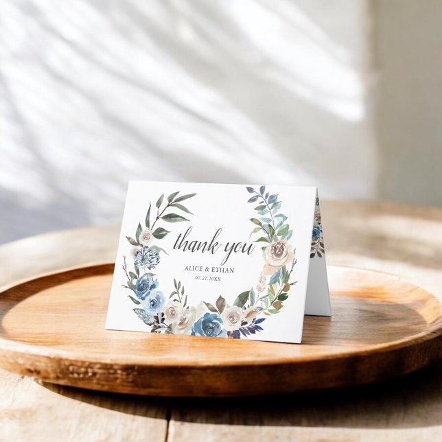 Boho Dusty Blue Neutral Blume Hochzeit Dankeskarte (Von Creator hochgeladen)