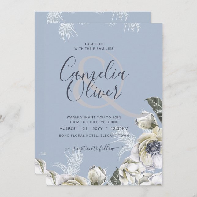 BOHO Dusty Blue Pampas Floral Wedding Einladung (Vorne/Hinten)
