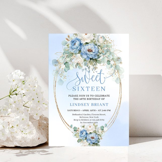 Boho Dusty Blue Peony Gold Sweet Sixteen Invite Einladung (Boho Dusty Blue Peony Gold Sweet Sixteen Invitation)