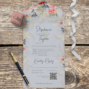 Boho Dusty Blue & Pink Floral Blue QR Code All In One Einladung