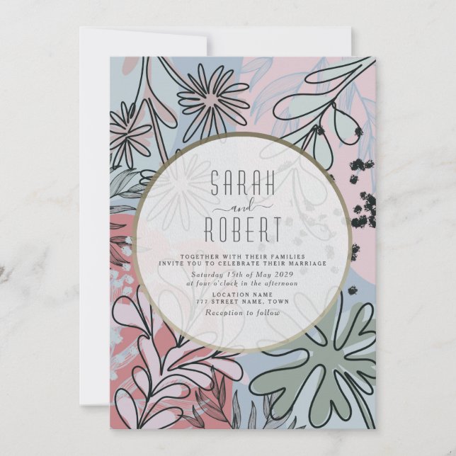 Boho Dusty Blue Pink Floral Wedding Einladung (Vorderseite)