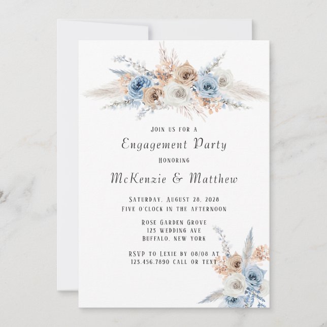 Boho Dusty Blue Pink Peony Engagement Party Einladung (Vorderseite)