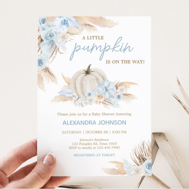 Boho Dusty Blue Pumpkin Baby Shower Einladung (Boy Little Pumpkin Baby Shower Invitation)