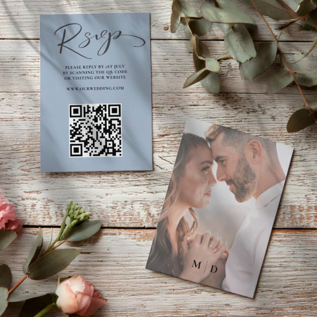 Boho Dusty Blue QR Code UAWG Wedding RSVP Karte (Von Creator hochgeladen)