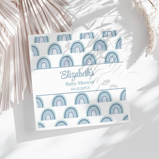 Boho Dusty Blue Rainbow Baby Dusche Napkins Serviette (Boho Dusty Blue Rainbow Baby Shower Napkins on a sunny white table.)