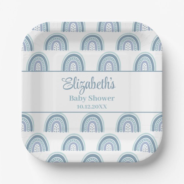 Boho Dusty Blue Rainbow Baby Shower Pappteller (Vorderseite)