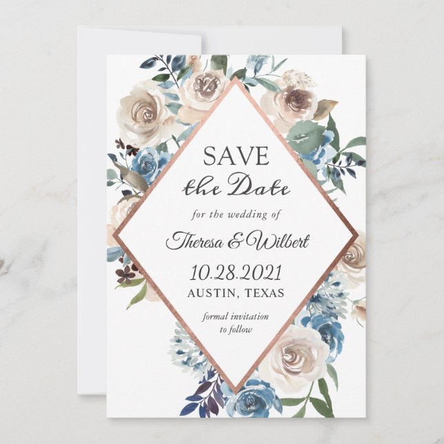 Boho Dusty Blue Rustic Rose Gold Wedding Save The Date (Vorderseite)