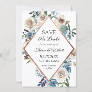 Boho Dusty Blue Rustic Rose Gold Wedding Save The Date