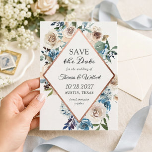 Boho Dusty Blue Rustic Rose Gold Wedding Save The Date