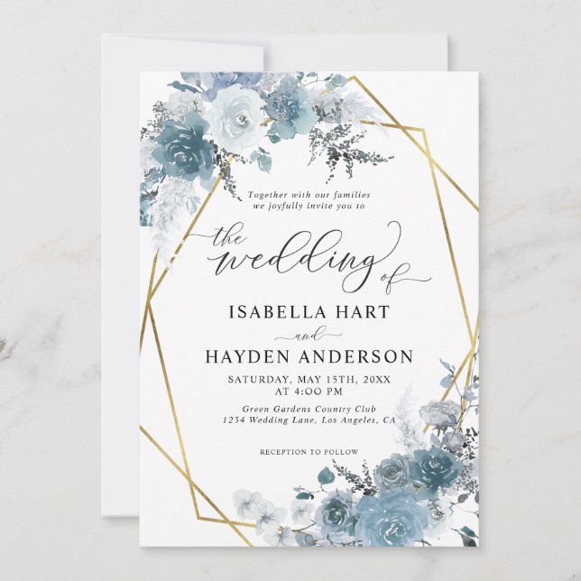 Boho Dusty Blue Slate Pastel Gold Foil Wedding Inv Einladung (Vorderseite)