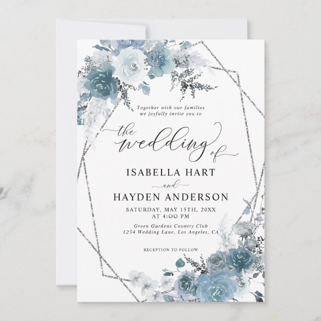 Boho Dusty Blue Slate Pastel Silver Foil Wedding Einladung (Vorderseite)