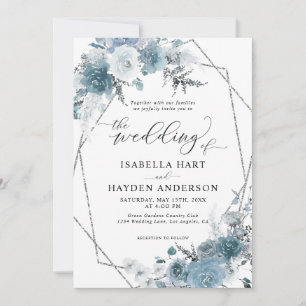 Boho Dusty Blue Slate Pastel Silver Foil Wedding Einladung