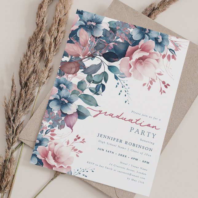 Boho Dusty Blue Summer Garden Abschluss Einladung (Boho Dusty Blue Summer Garden Floral Graduation Invitation)