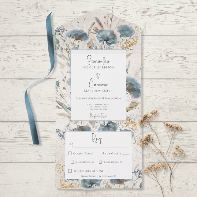 Boho Dusty Blue & Tan Floral Monogram Dinner All In One Einladung (Von Creator hochgeladen)