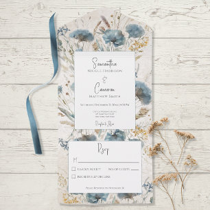 Boho Dusty Blue & Tan Floral Monogram No Dinner All In One Einladung