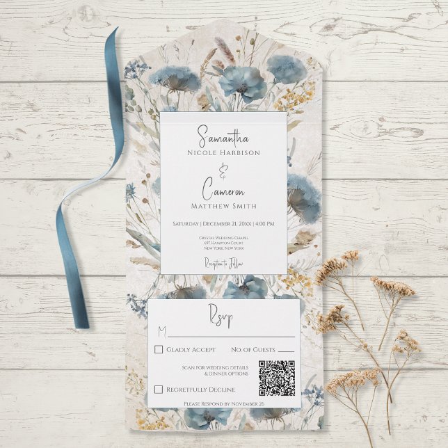 Boho Dusty Blue & Tan Floral Monogram QR Code All In One Einladung (Von Creator hochgeladen)