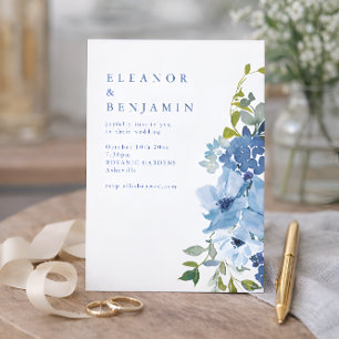 Boho Dusty Blue Wasserfarben Blumen Hochzeit QR Co Einladung