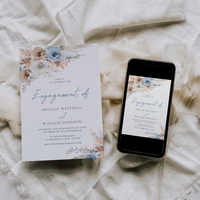 Boho Dusty Blue Watercolor Floral Engagement Party Einladung (Von Creator hochgeladen)
