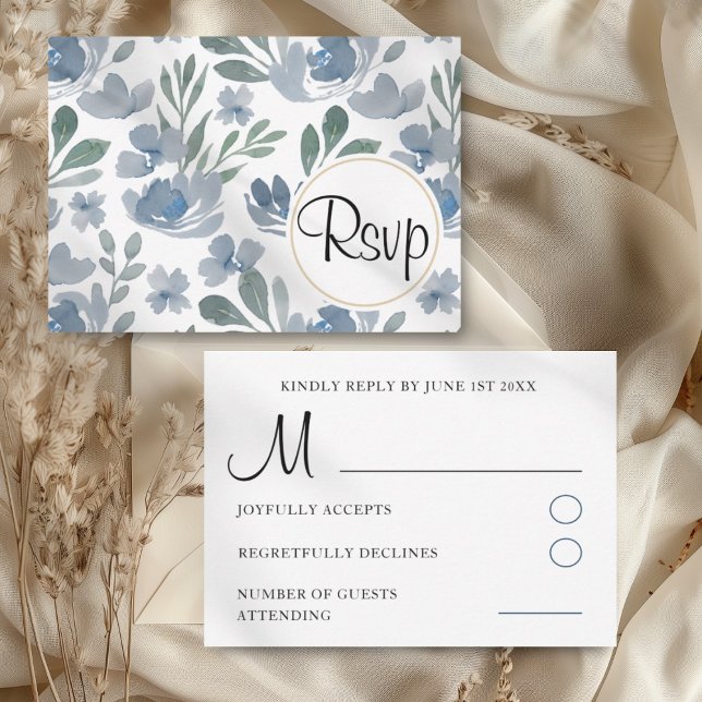 Boho Dusty Blue Watercolor Floral Wedding RSVP Karte (Von Creator hochgeladen)
