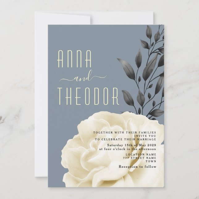Boho Dusty Blue Wedding Einladung (Vorderseite)