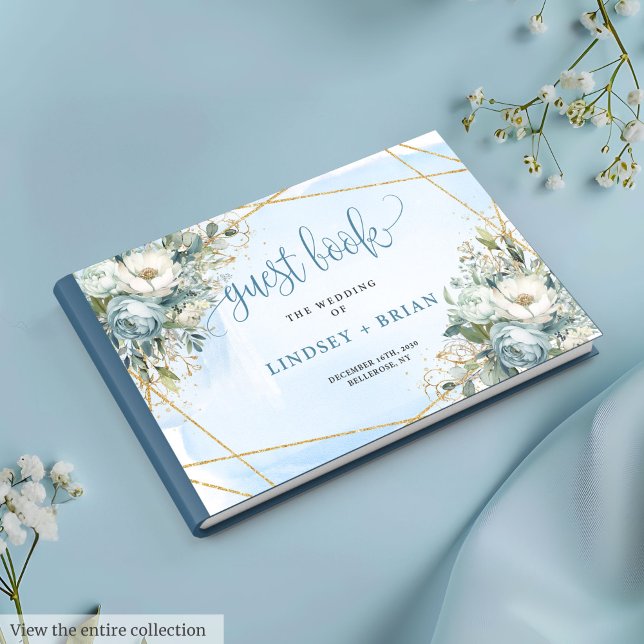 Boho Dusty Blue White Gold Blume Gästebuch (Boho Dusty Blue White Gold Flowers Guest Book)