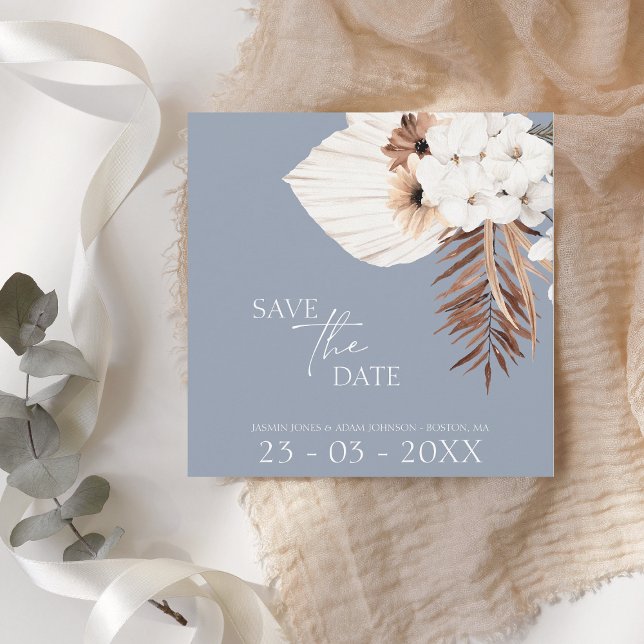Boho Dusty Blue White Pampas Grass Wedding Save The Date (Von Creator hochgeladen)