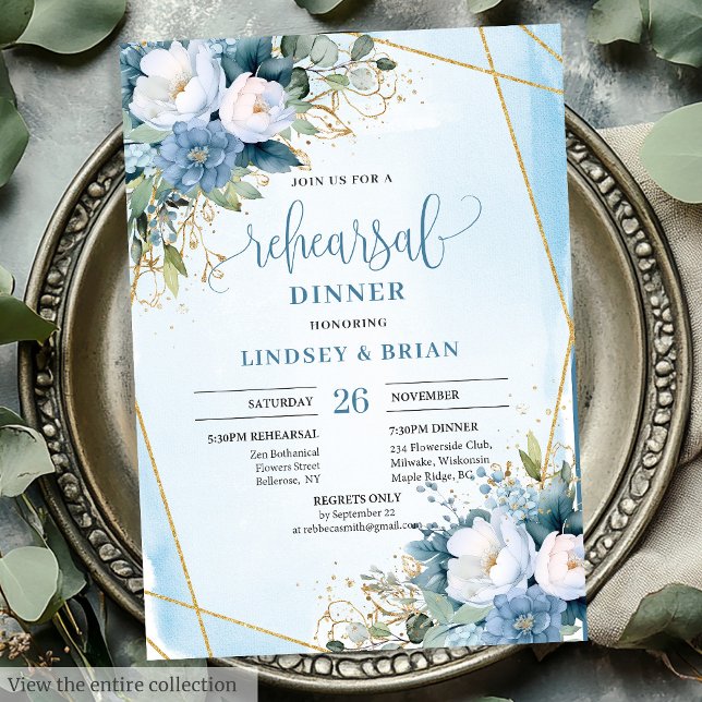 Boho Dusty Blue White Peony Probe Dinner Card Einladung (Boho Dusty Blue White Peony Rehearsal Dinner Card)