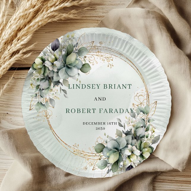 Boho Dusty Green Benutzerdefinierter Name Botanisc Pappteller (Boho Dusty Green Custom Name Botanical Wedding Paper Plates)