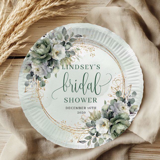 Boho Dusty Green Eukalyptus Brautparty-Papier  Pappteller (Boho Dusty Green Eucalyptus Bridal Shower Paper Plates)
