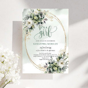 Boho Dusty Green Eukalyptus Design Es ist ein Mädc Einladung
