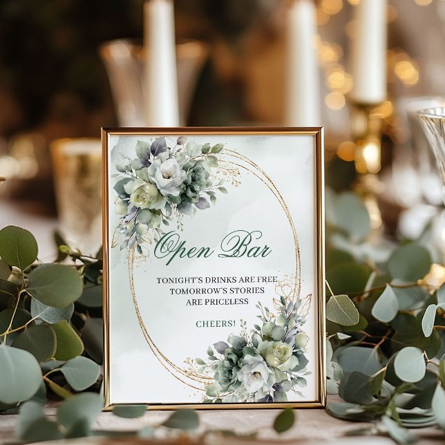 Boho Dusty Green Eukalyptus Open Bar Tischschild Poster (Boho Dusty Green Eucalyptus Open Bar Tabletop Sign)