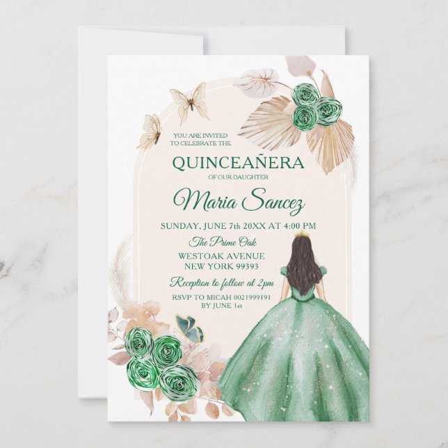Boho Dusty Green Floral Mexican Girl Quinceañera Einladung (Vorderseite)