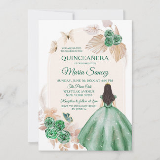 Boho Dusty Green Floral Mexican Girl Quinceañera Einladung