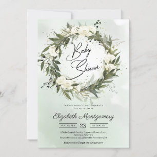 Boho Dusty Greenery Olive Wreath White Roses Einladung