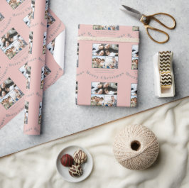 Boho Dusty Pink Braun 3 Familienfotos Weihnachten Geschenkpapier