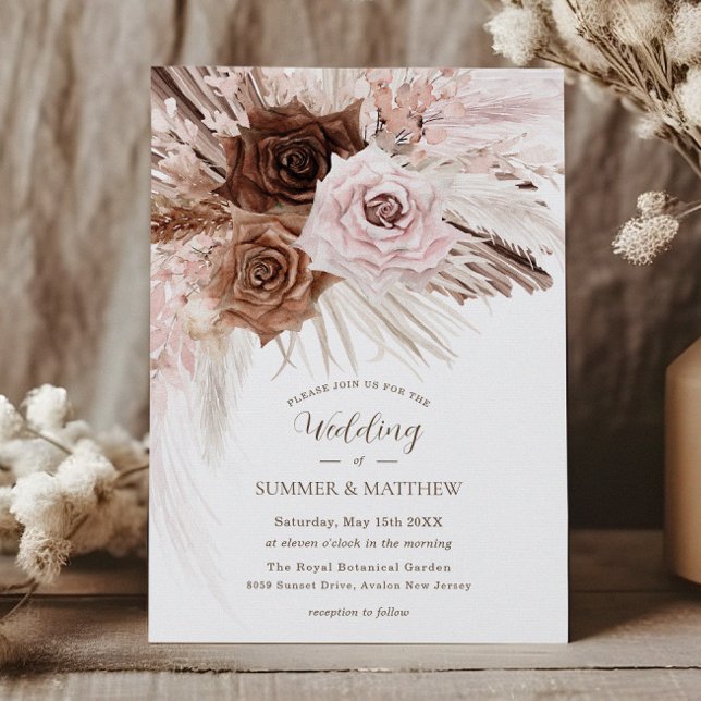 Boho Dusty Pink Brown Pampas Grass Wedding Einladung (Von Creator hochgeladen)