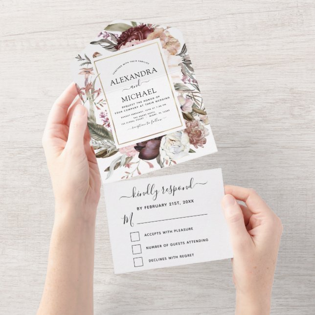 Boho Dusty Pink Burgundy Wedding RSVP All In One Einladung (Abreißen)