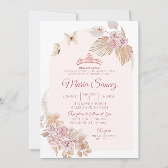 Boho Dusty Pink Floral Mexican Quinceañera Einladung (Vorderseite)