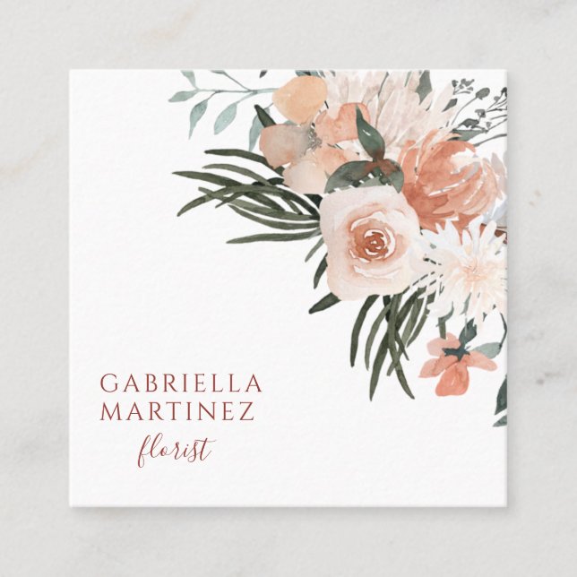 Boho Dusty Pink Green Florist Business Card Quadratische Visitenkarte (Vorderseite)