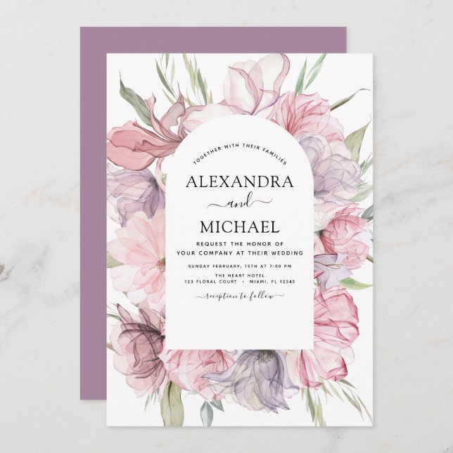 Boho Dusty Pink Lila Hochzeit Einladung (Vorne/Hinten)