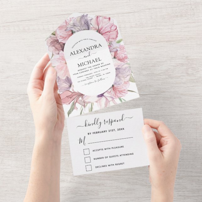 Boho Dusty Pink Lila Wedding RSVP All In One Einladung (Abreißen)