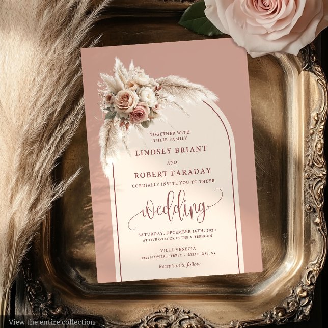 Boho Dusty Pink Pampas Bloral Wedding Einladung (Boho Dusty Pink Pampas Floral Wedding Invitation)